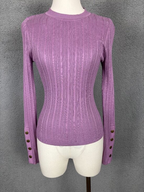 Hooked up by Iot Juniors' Snap-Cuff Ribbed Crewneck Sweater Purple Medium NWT's - Picture 1 of 8